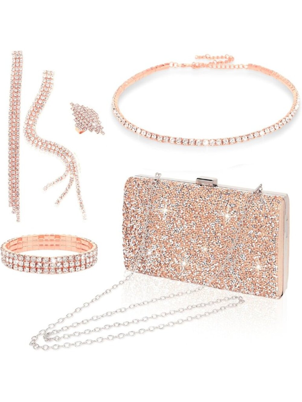 Glamorous 5-Piece Jewelry & Purse Set for Women - Rhinestone Clutch, Necklaces